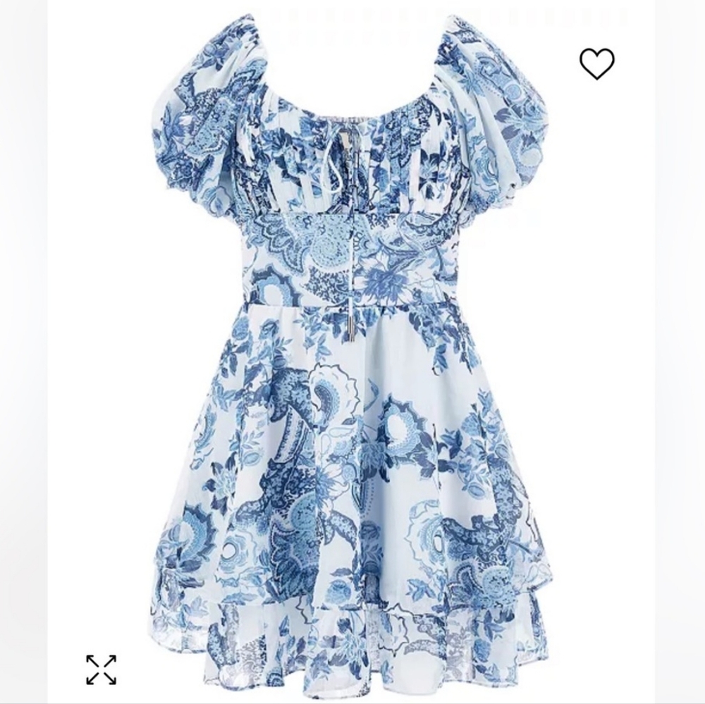 GUESS Blue Floral Dress Puff Sleeve  Size M